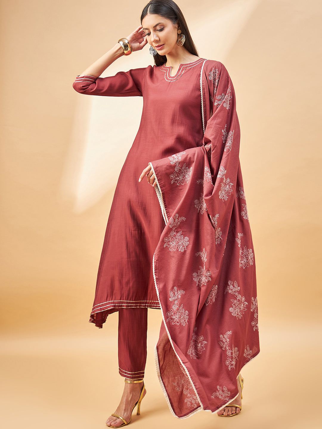 Rust Pure Cotton Solid A-Line Kurta Trouser  With Dupatta