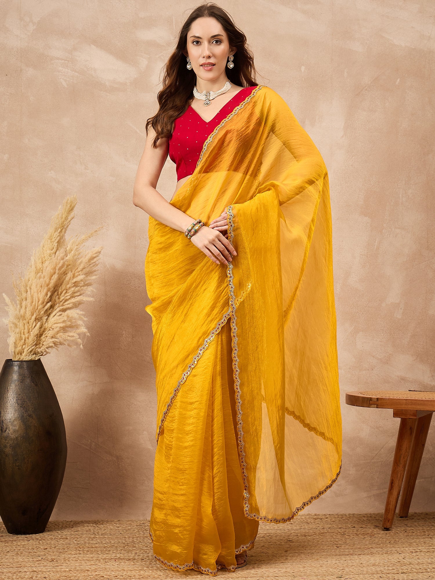 Yellow Organza Solid with Embellished Cut Work Border Saree with Unstitched Blouse