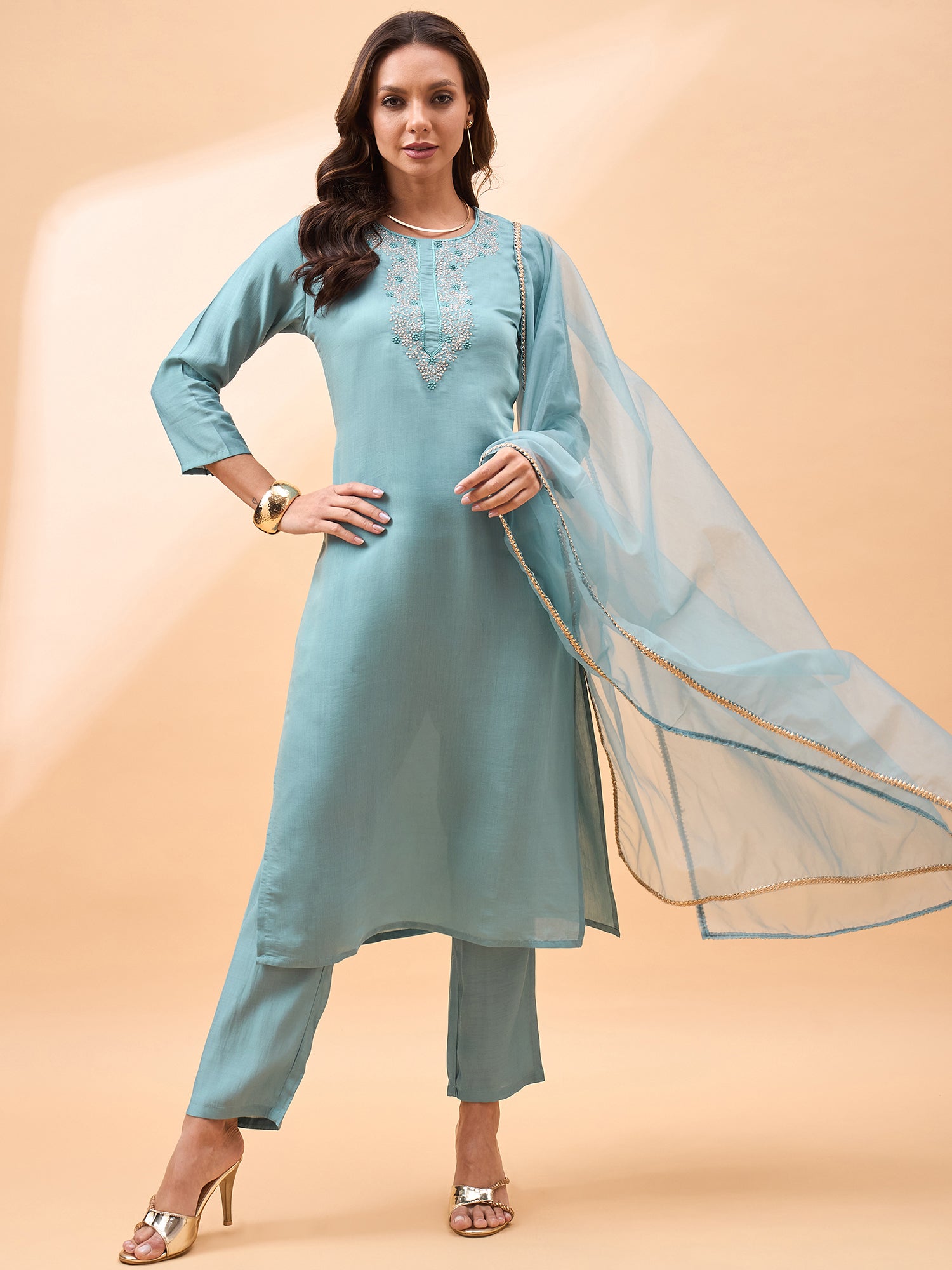 Light Blue  Pure Silk Yoke Design A-Line Kurta  Trouser   With Dupatta
