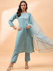 Light Blue  Pure Silk Yoke Design A-Line Kurta  Trouser   With Dupatta