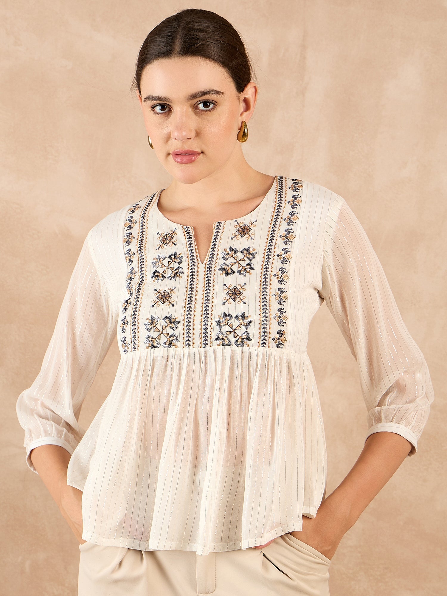 Off White Synthetic Georgette Embroidered Gathered or Pleated Regular Sleeves Ethnic Print Tops