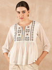 Off White Synthetic Georgette Embroidered Gathered or Pleated Regular Sleeves Ethnic Print Tops