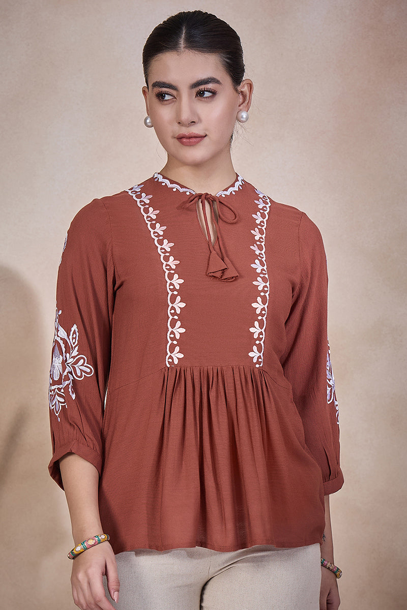 Brown Viscose Rayon Embroidered Gathered or Pleated Regular Sleeves Geometric Print Tops