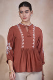 Brown Viscose Rayon Embroidered Gathered or Pleated Regular Sleeves Geometric Print Tops
