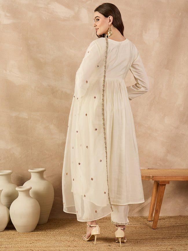 Off White  Silk Blend Embroideried A-Line Kurta Trouser