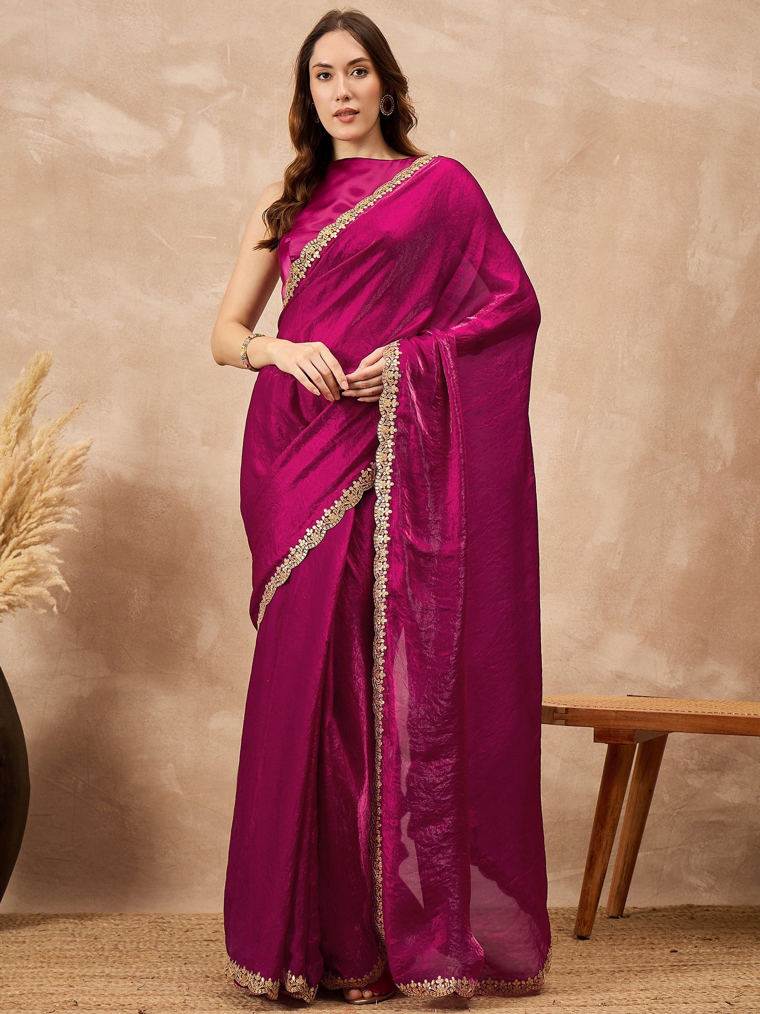 Magenta Organza Solid with Gota Lace Saree with Unstitched Blouse