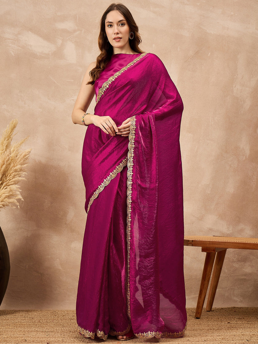 Magenta Organza Solid with Gota Lace Saree with Unstitched Blouse