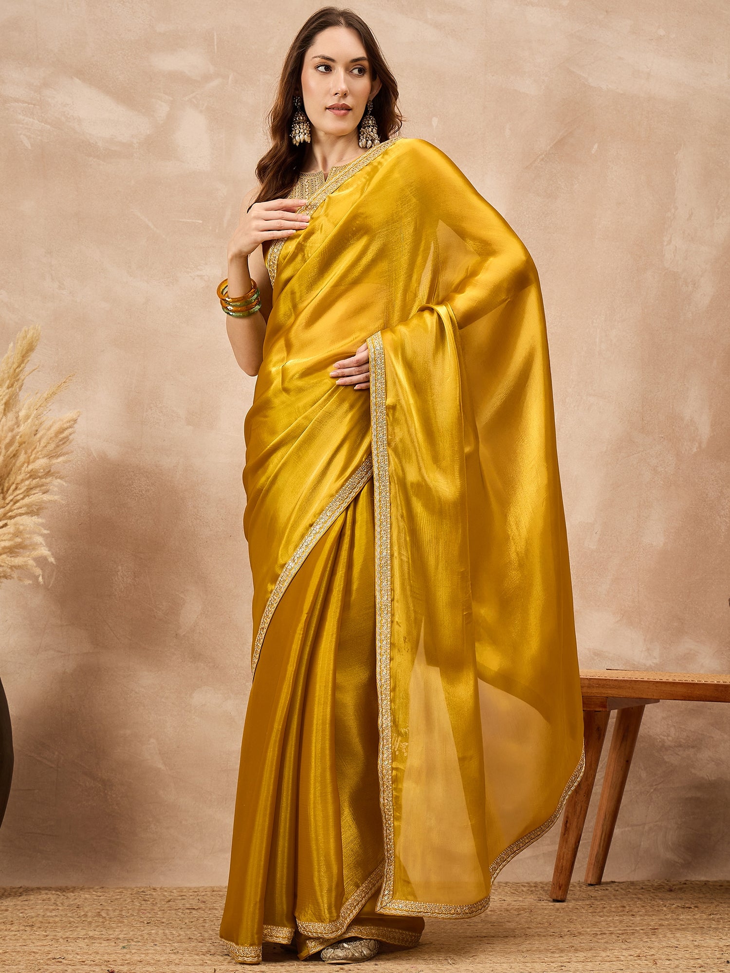 Mustard Satin Solid With Embroidered Border Saree with Unstitched Blouse
