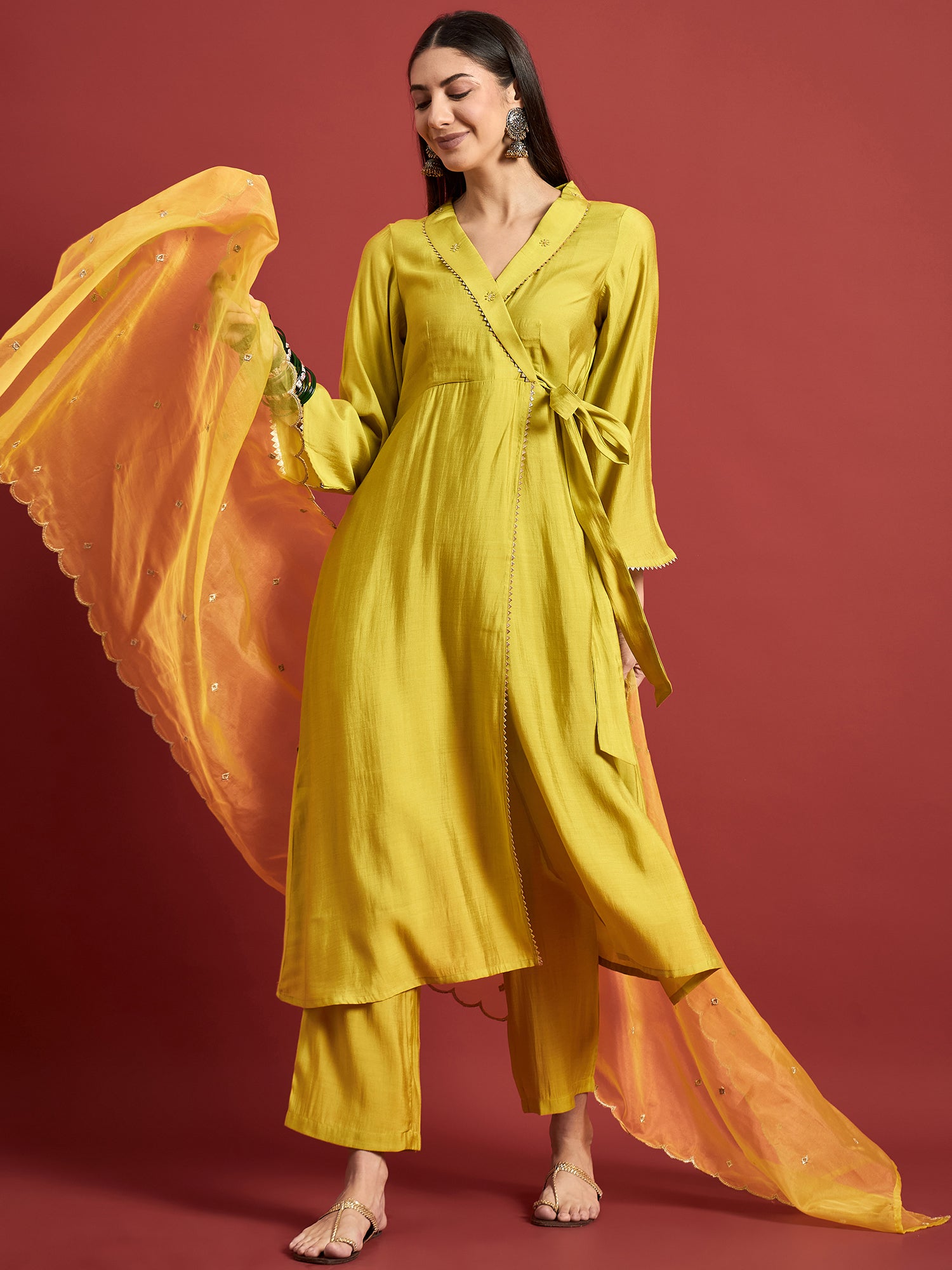 Lime Green  Art Silk Embroideried A-Line Kurta  Trouser