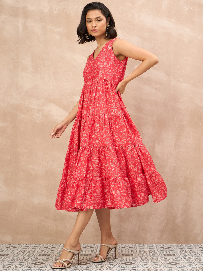 Red Polyester Printed No Sleeves Floral Dress