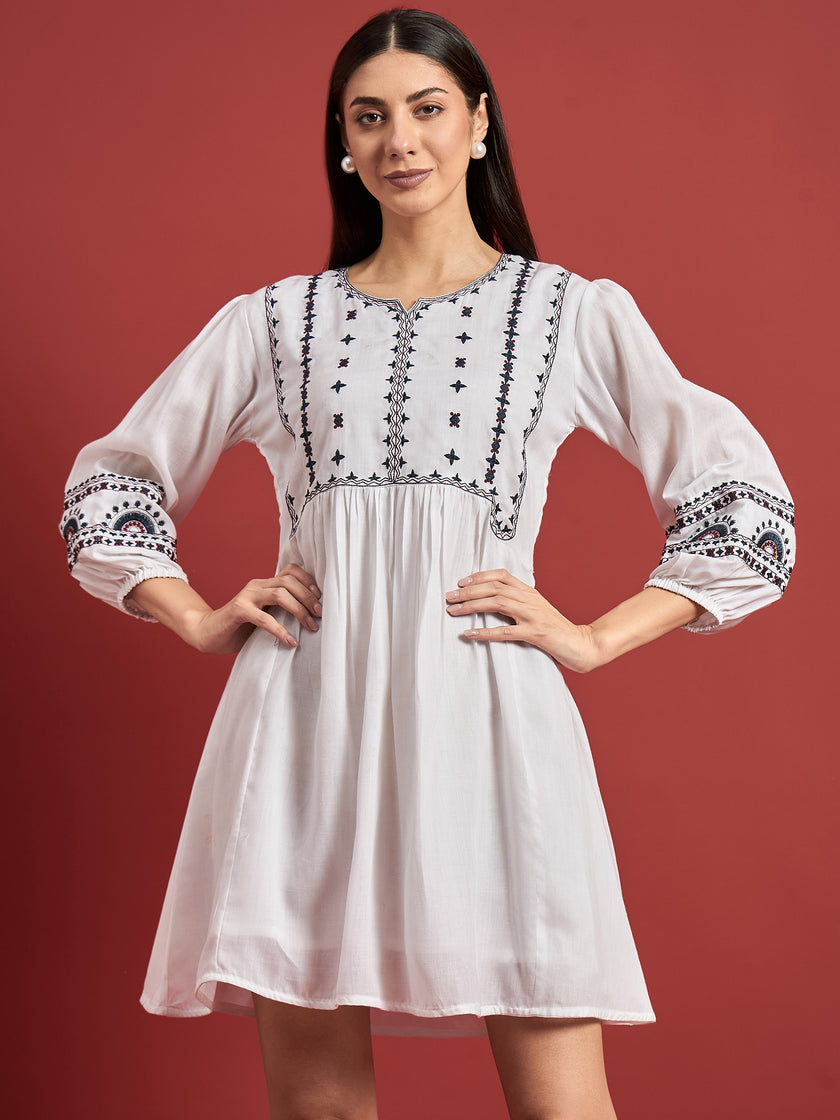 White Cotton Embroidered Puff Sleeves Floral Dress