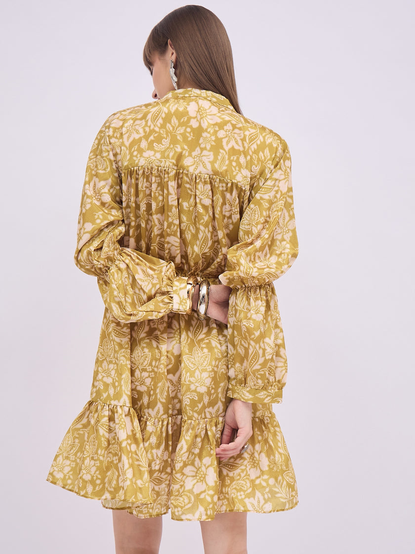 Multi Polyester Printed Ballon Sleeves Floral Dress