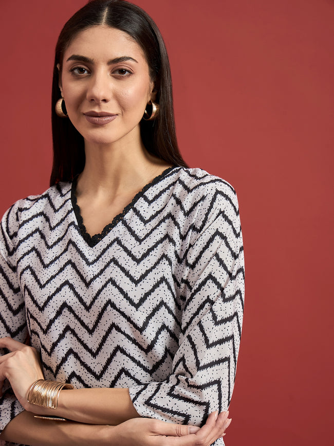 White  Silk Blend Printed A-Line Kurta  Trouser