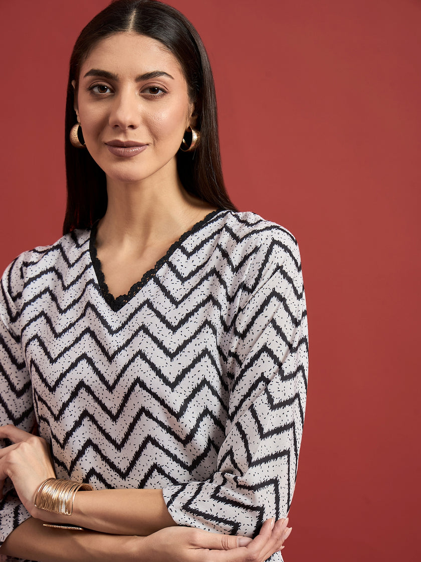 White  Silk Blend Printed A-Line Kurta  Trouser