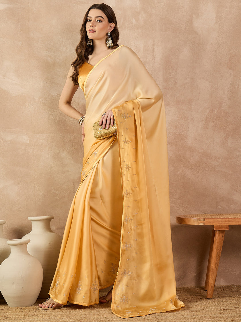 Yellow Satin Solid With Coding Work Border Saree with Unstitched Fancy Blouse