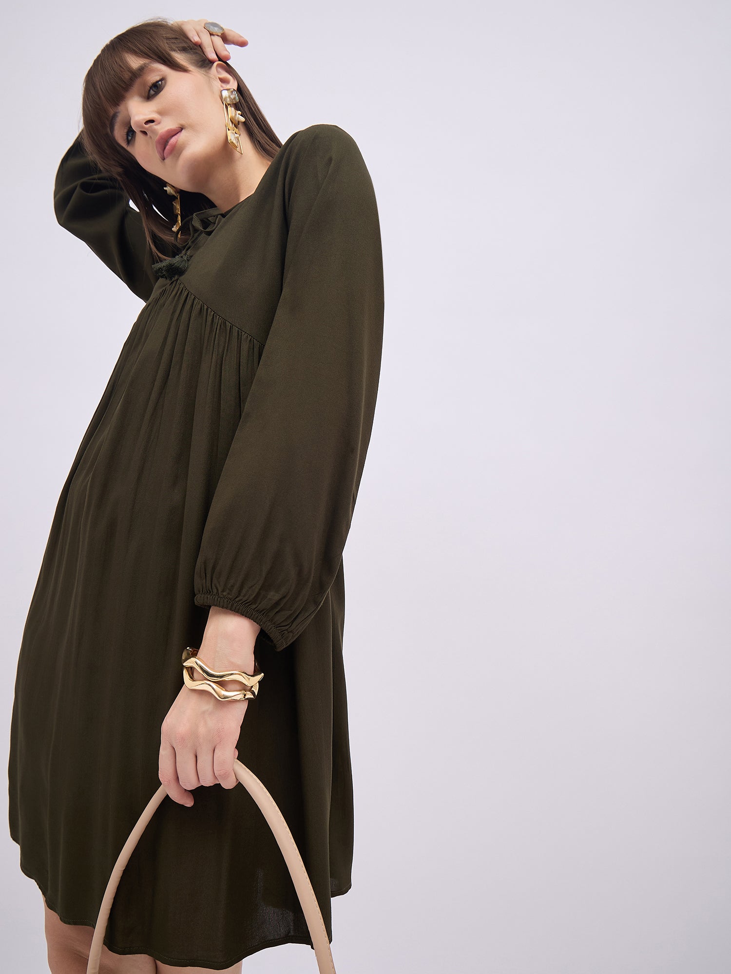 Olive Green BLENDED Solid Regular Sleeves Solid Dress