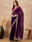 Purple Satin Solid with Embroidered Border Saree with Unstitched Blouse