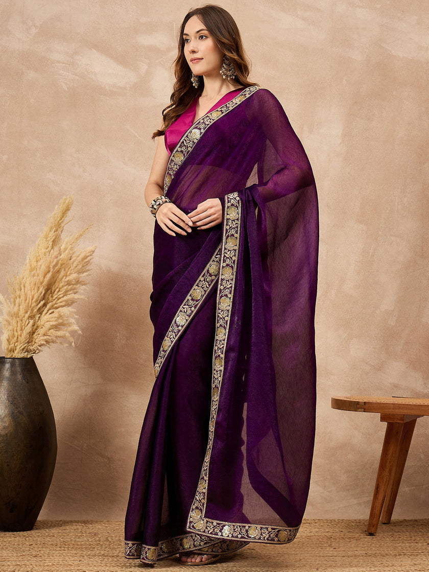 Purple Satin Solid with Embroidered Border Saree with Unstitched Blouse