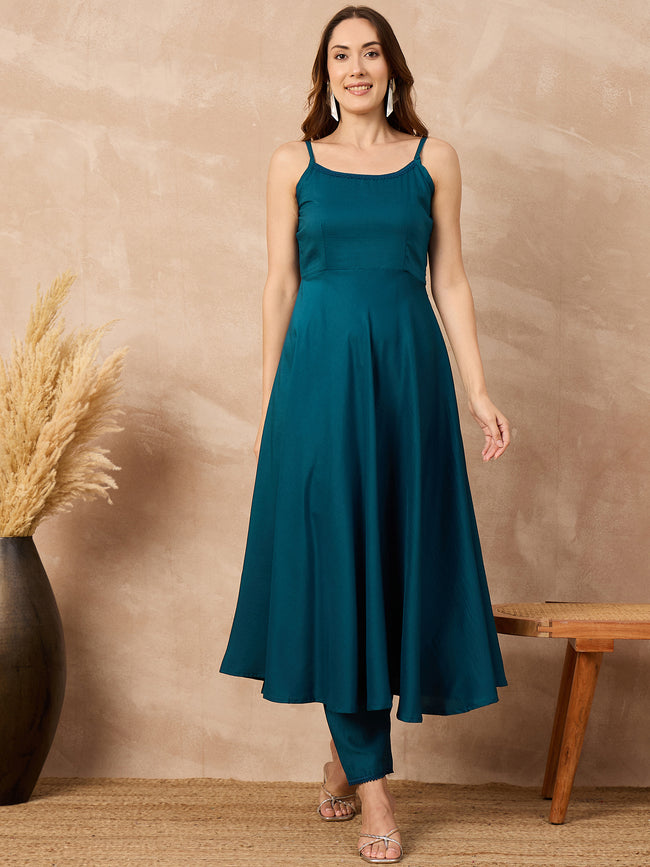 Teal Silk Blend Solid A-Line Kurta Trouser With Floral Print Shrug