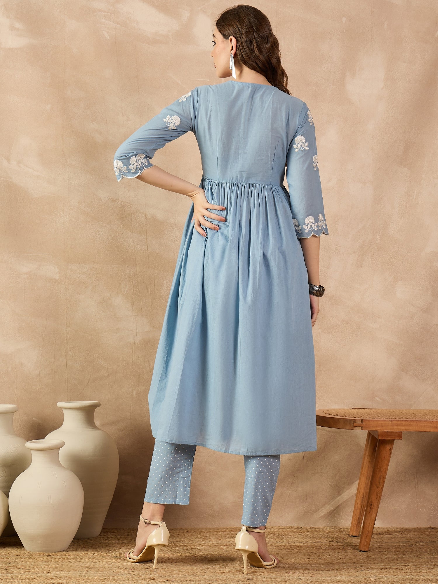 Light Blue  Cotton Blend Embroideried A-Line Kurta Trouser