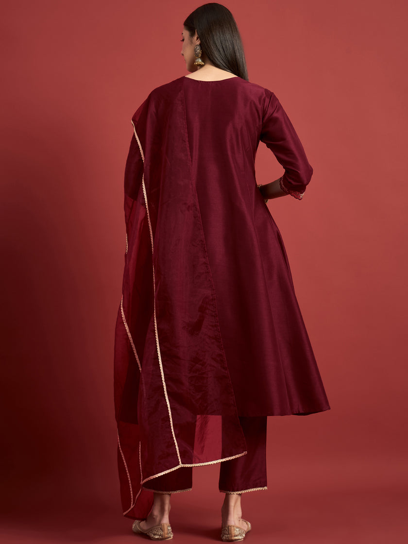 Maroon  Silk Blend Embroideried A-Line Kurta  Trouser