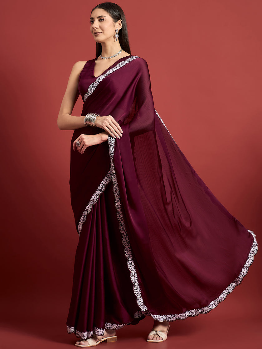 Wine Satin Solid With Embroidered Border Saree with Unstitched Fancy Blouse