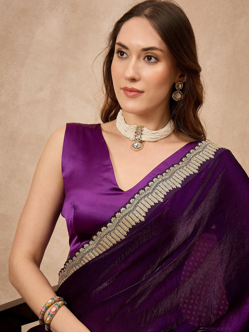 Purple Satin Solid with Coding Cut Work Border Saree with Unstitched Blouse