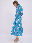 Turquoise Blue BLENDED Printed Ballon Sleeves Floral Dress