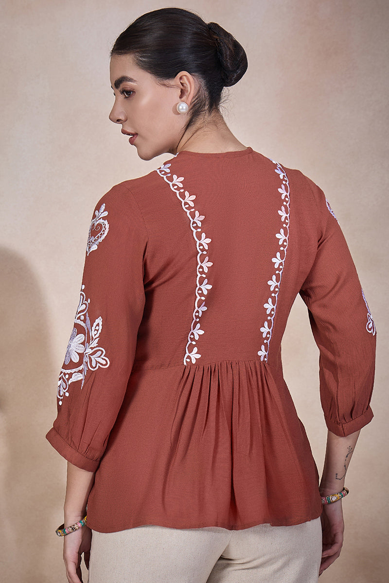 Brown Viscose Rayon Embroidered Gathered or Pleated Regular Sleeves Geometric Print Tops