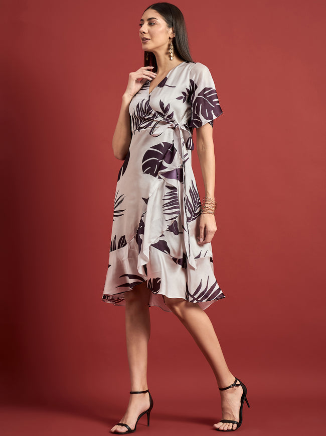 White Polyester Printed Flutter Sleeves Tropical Dress