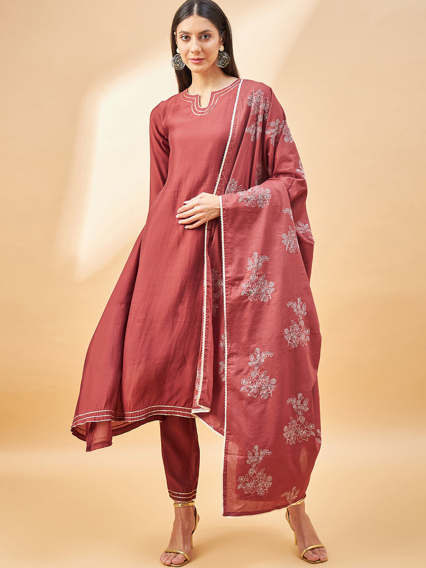 Rust Pure Cotton Solid A-Line Kurta Trouser  With Dupatta
