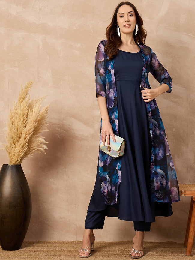 Blue Silk Blend Solid A-Line Kurta Trouser With Floral Print Shrug