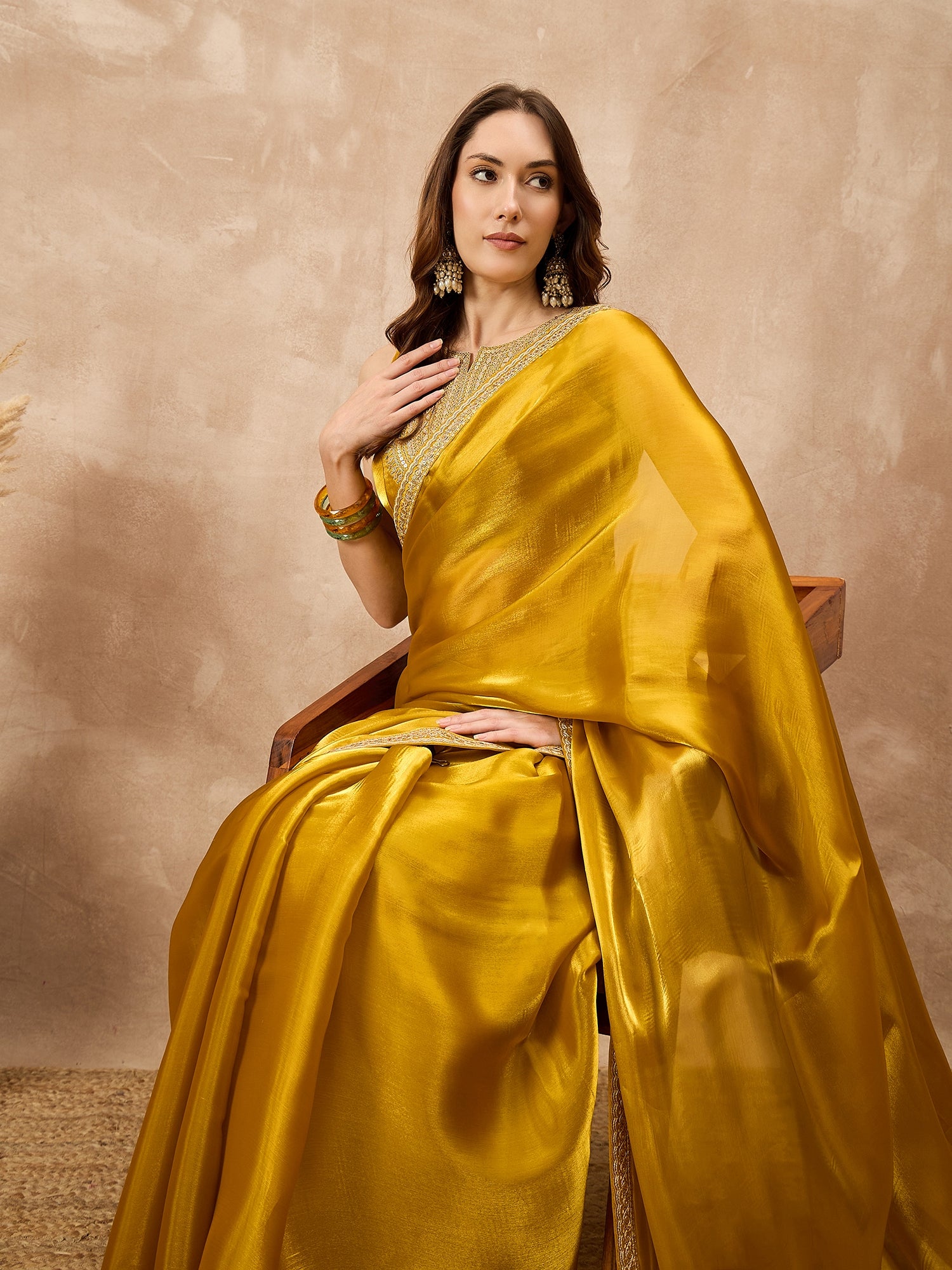 Mustard Satin Solid With Embroidered Border Saree with Unstitched Blouse