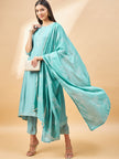 Turquoise Blue Pure Cotton Solid A-Line Kurta Trouser  With Dupatta