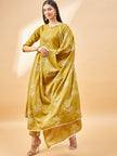 Mustard Pure Cotton Solid A-Line Kurta Trouser  With Dupatta