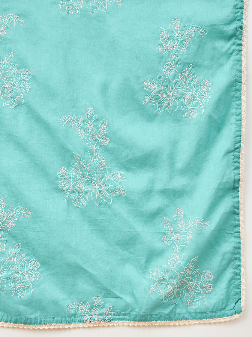 Turquoise Blue Pure Cotton Solid A-Line Kurta Trouser  With Dupatta