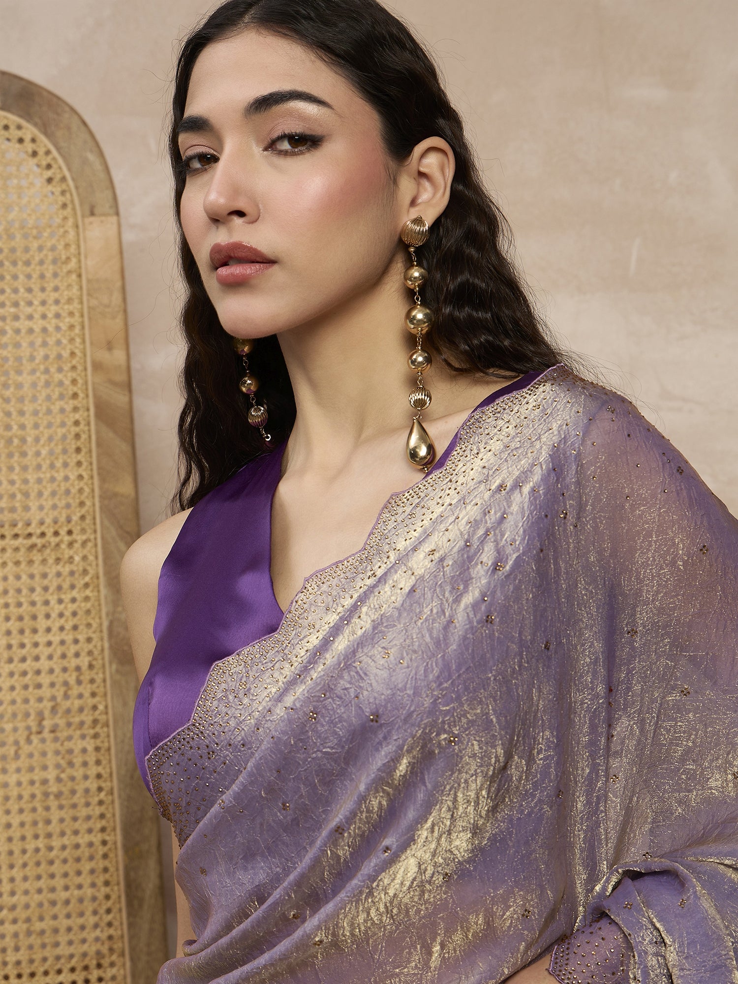 Lavender Satin All Over Stone Work With Stone Work Border Saree with Unstitched Blouse