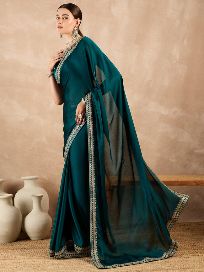 Teal Satin Solid With Embroidered Border Saree with Unstitched Fancy Blouse