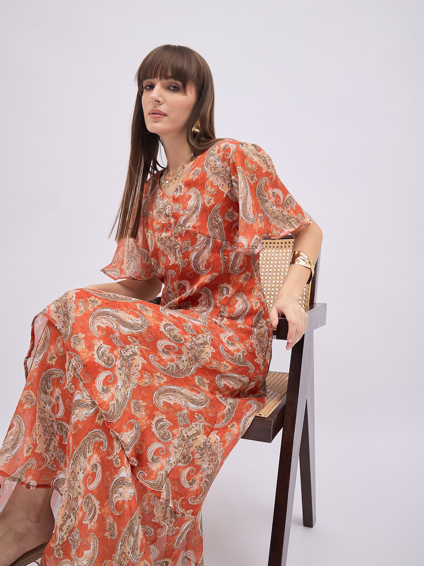 Multi BLENDED Printed Flared Sleeves Paisley Dress