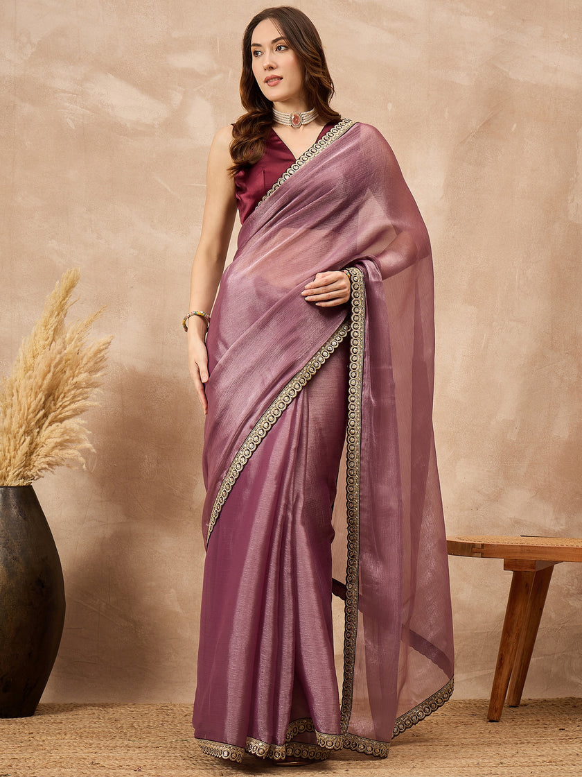 Onion Satin Solid with Embroidered Border Saree with Unstitched Blouse