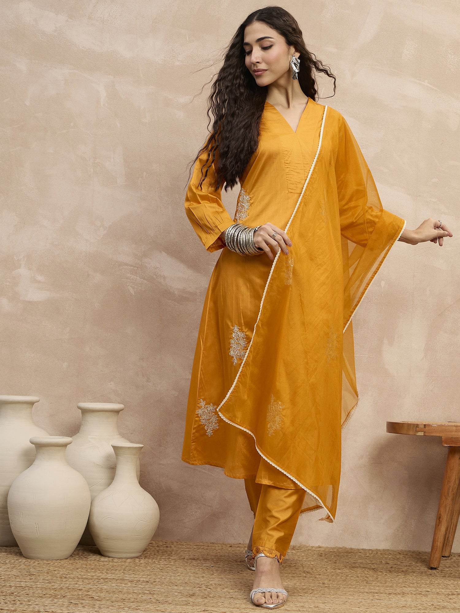 Yellow  Chanderi Silk Embroideried A-Line Kurta Trouser