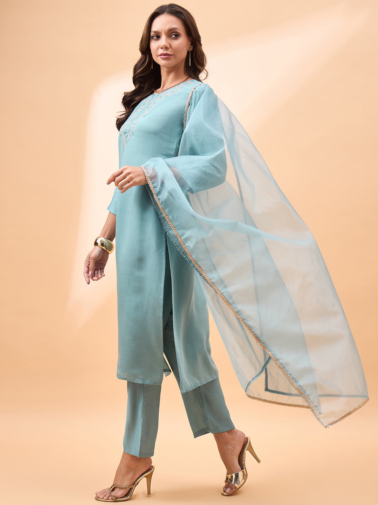 Light Blue  Pure Silk Yoke Design A-Line Kurta  Trouser   With Dupatta