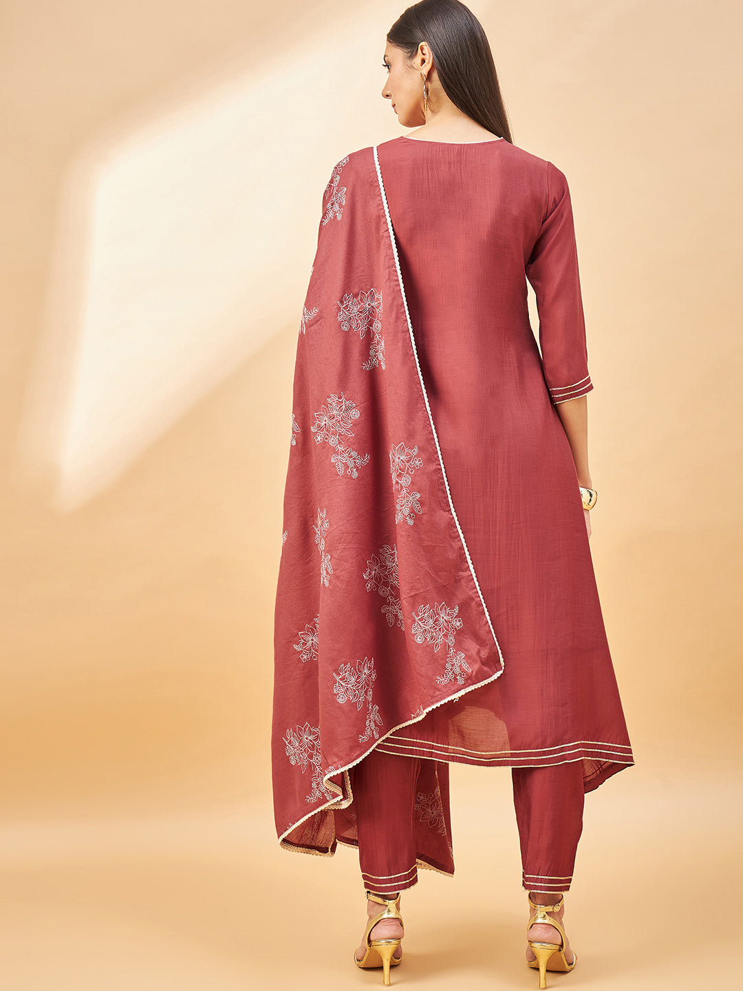 Rust Pure Cotton Solid A-Line Kurta Trouser  With Dupatta