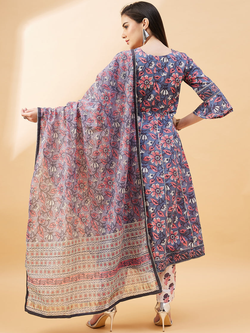 Grey   Pure Cotton  Printed  Anarkali Kurta  Trouser
