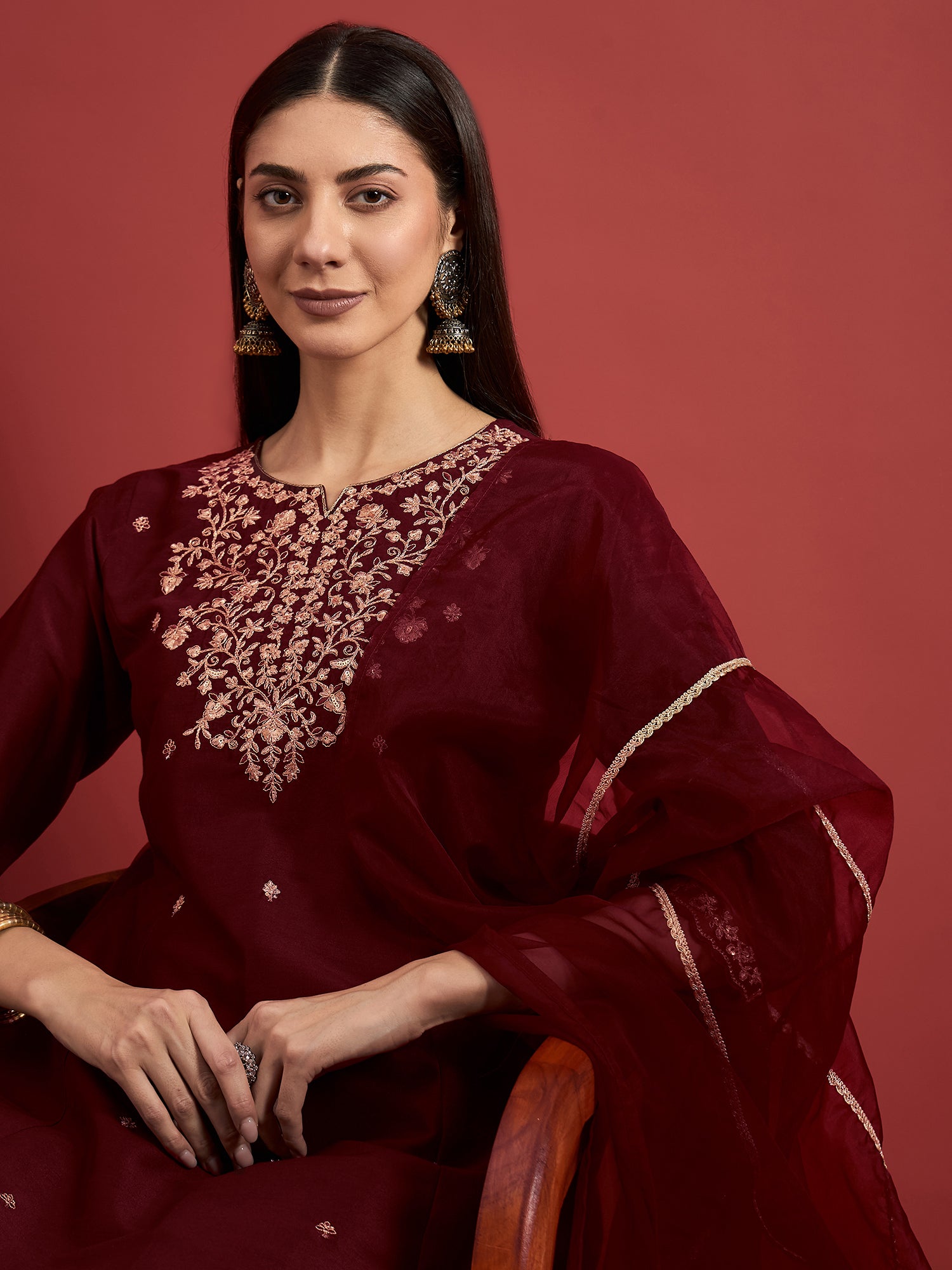 Maroon  Silk Blend Embroideried A-Line Kurta  Trouser
