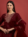 Maroon  Silk Blend Embroideried A-Line Kurta  Trouser