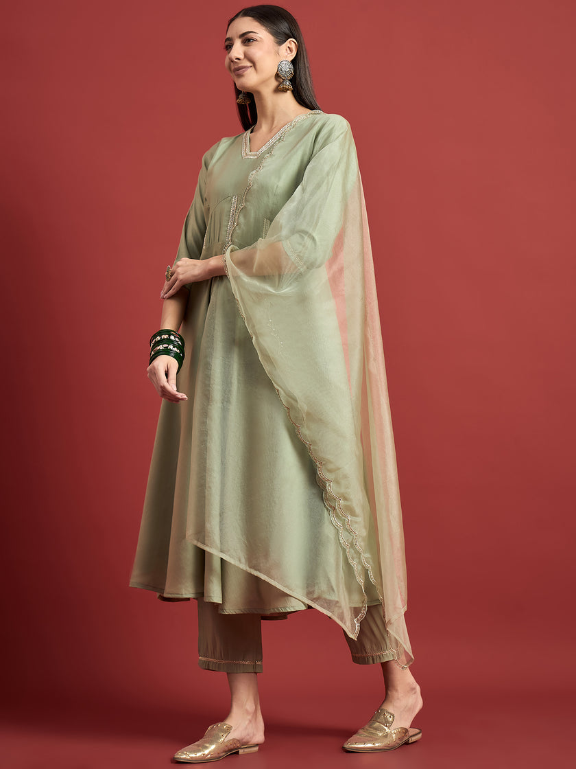 Green  Silk Blend Embroideried A-Line Kurta Trouser