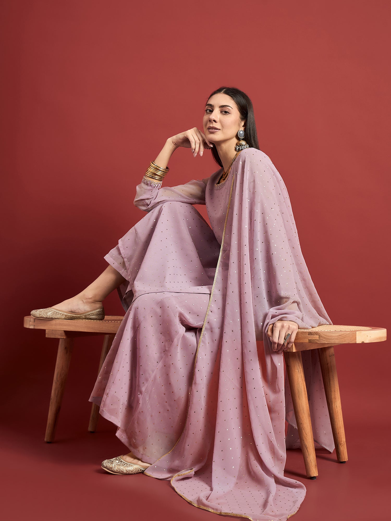 Purple  Georgette Embroideried A-Line Kurta Palazzos