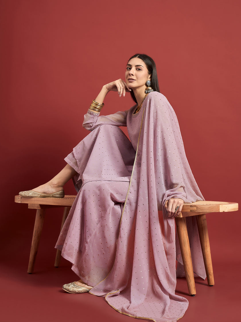 Purple  Georgette Embroideried A-Line Kurta Palazzos