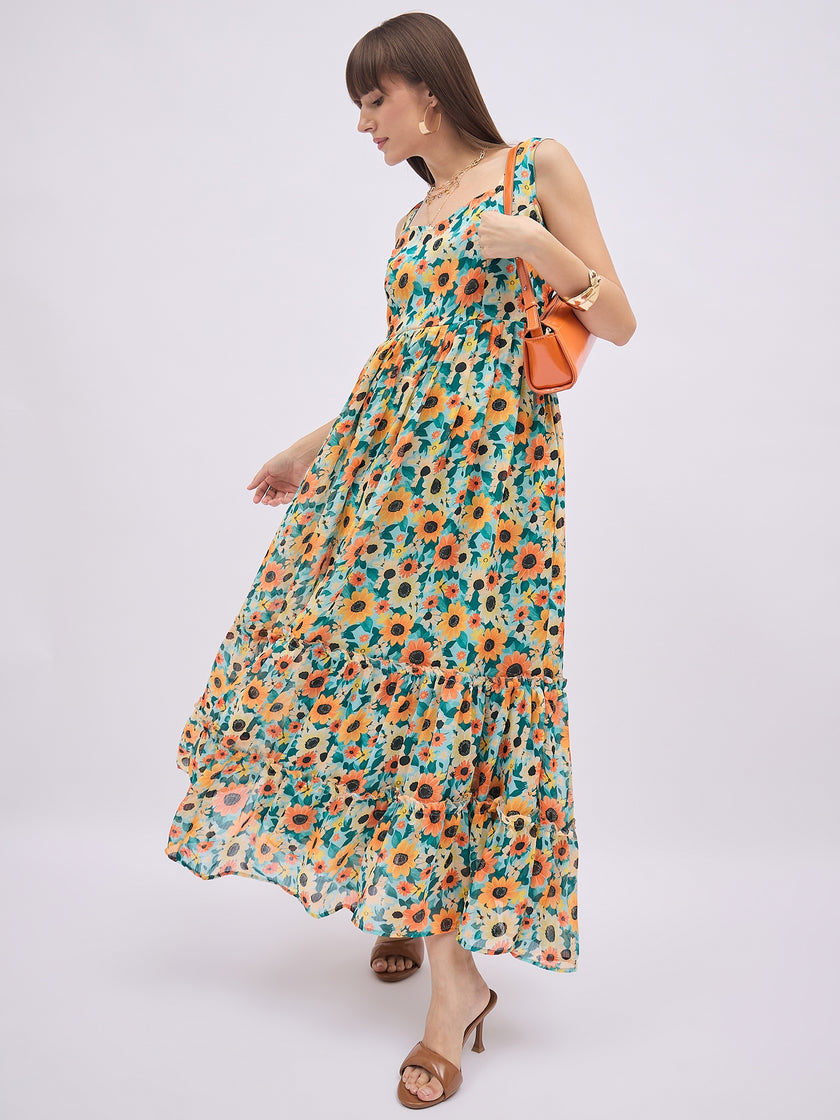 Multi Polyester Printed No Sleeves Floral Dress